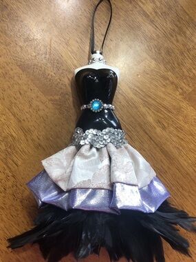 Black Dress Fashionista Ornament Charm Collectible w/Purple Satin Feather Trim.